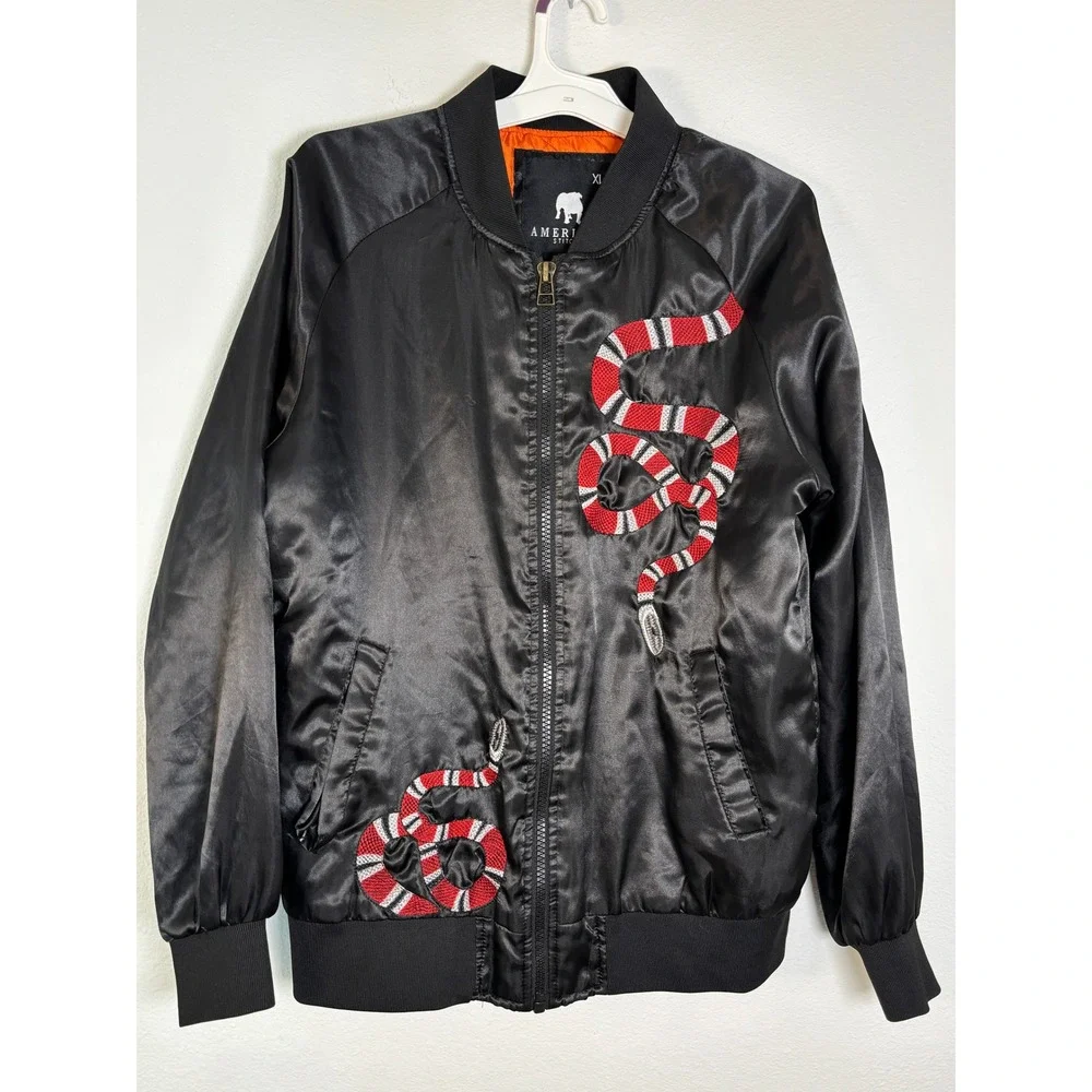 American Stitch Mens XL Black Satin Bomber Jacket Embroidered Snake Streetwear